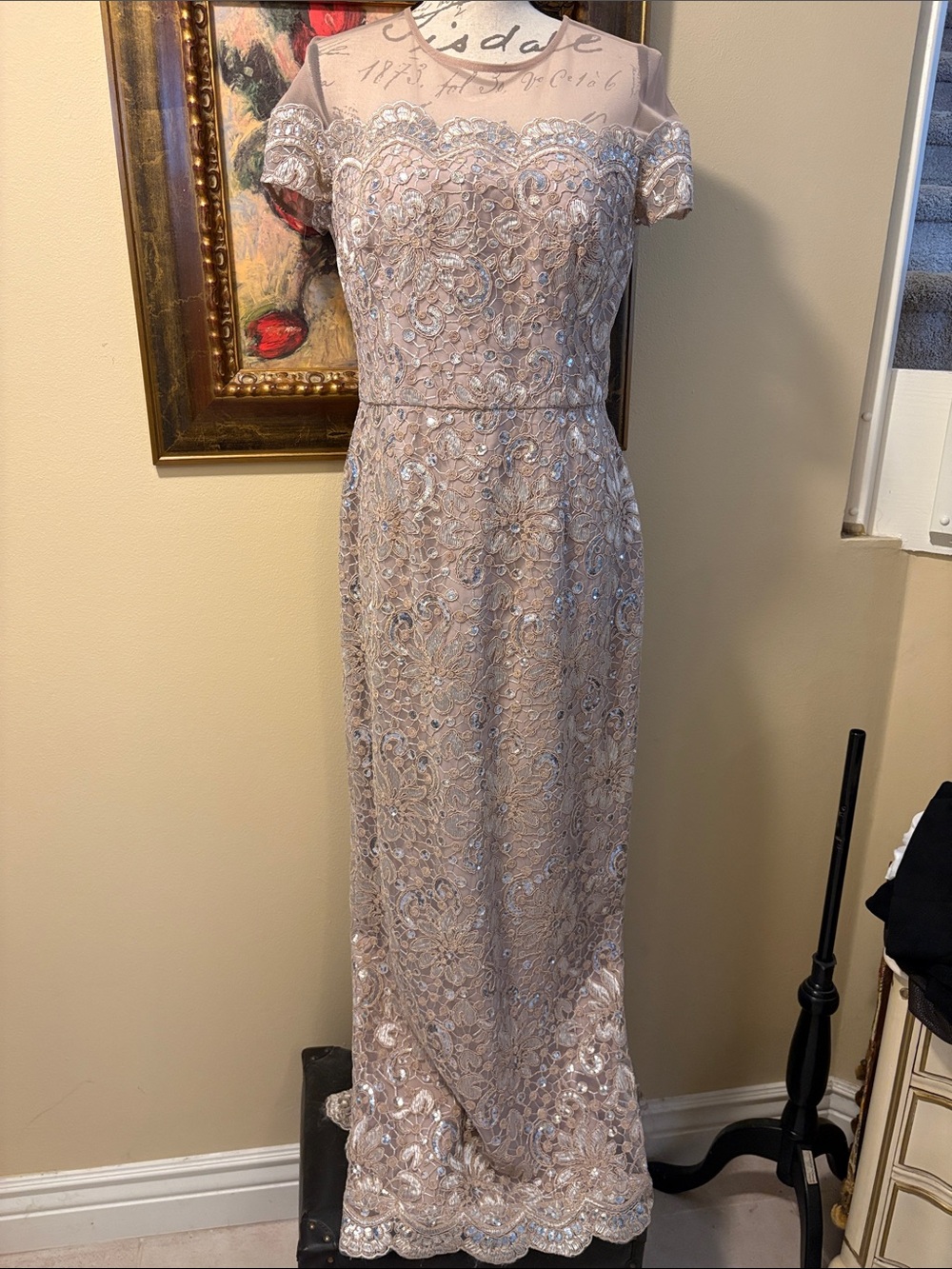 JS Collections Illusion neckline Neutral, silvery Sequin Lace “Mother of” gown